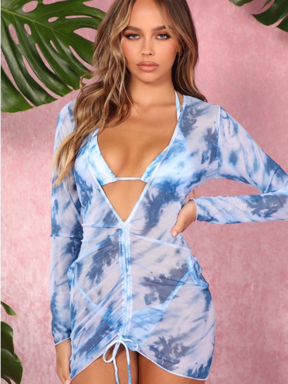 NWOT Miami Light & Navy Blue Tie-Dye Sheer 3 piece swimsuit + Coverup Dress